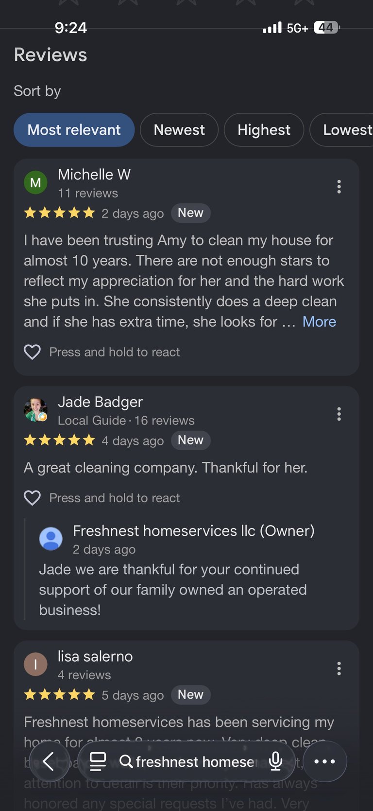 Mobile app screen showing customer reviews for Freshest homeservices, with 5-star ratings and customer testimonials about cleaning services