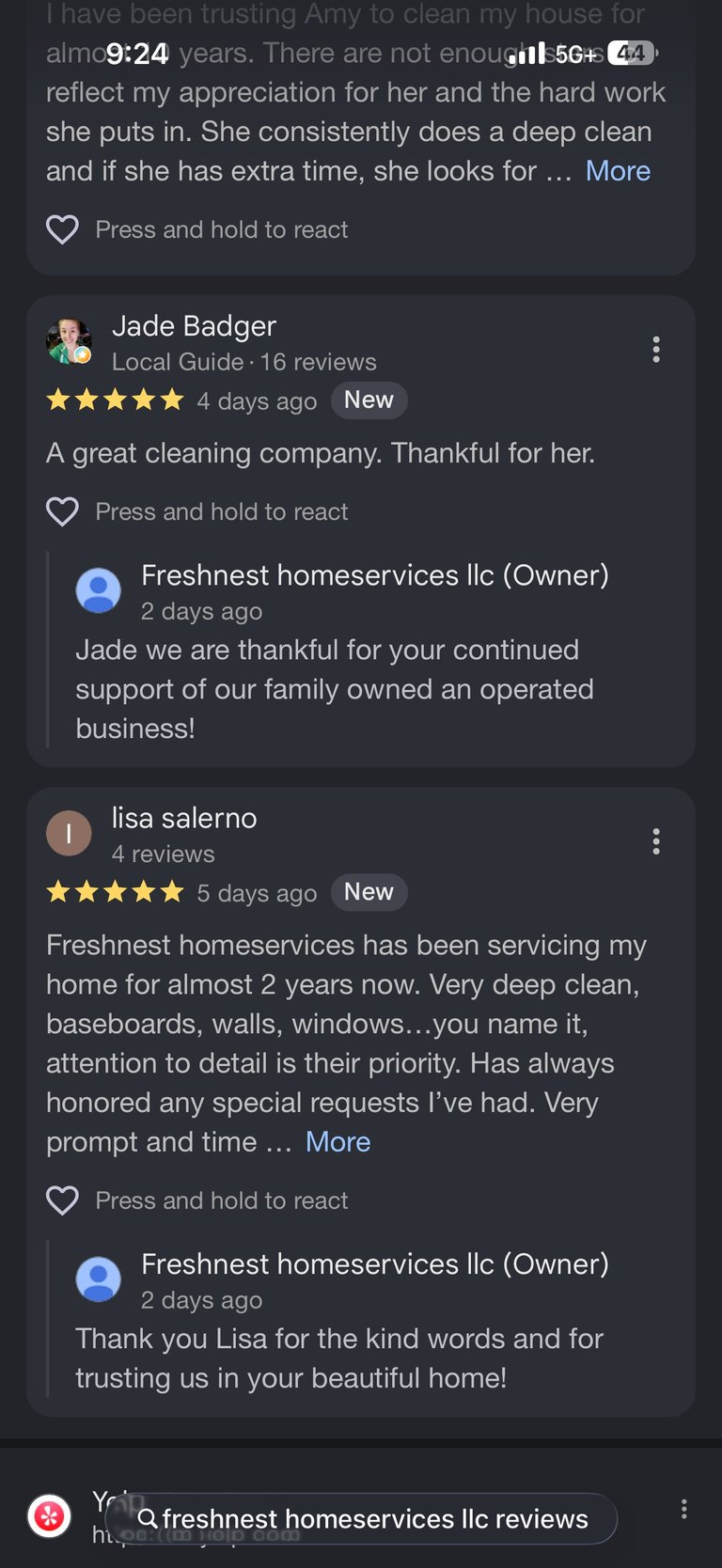 Google reviews for Freshnest homeservices cleaning company with 5-star ratings and customer testimonials praising their deep cleaning service